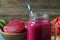 Delicious pitahaya smoothie in mason jar, closeup. Space for text