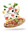 Delicious pizza with flying ingredients on background