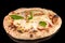 Delicious pizza Quattro formaggi with tomato sauce, parmesan, mozzarella, stracciatella provolone and fresh basil