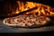 A delicious pizza sits atop a pizza pan, placed in front of a warm, crackling fire, A piping hot pizza fresh out of the brick oven