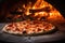 A delicious pizza slowly cooking in front of a warm open fire, giving it a smoky and charred flavor, Pizza being baked in the wood