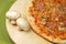 Delicious pizza on wooden plate mushroom