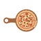 Delicious pizza, wooden shovel pizza and pizza slice flat illustration