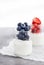 Delicious plain yogurt with fresh blueberry and strawberry in a