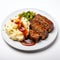 Delicious Plate of Meatloaf and Mashed Potatoes on a white background