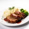 Delicious Plate of Meatloaf and Mashed Potatoes on a white background