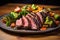 A delicious plate with a perfectly cooked steak, fresh steamed broccoli, and tender carrots placed on a wooden table, A