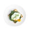 Delicious poached egg sandwich isolated, top view