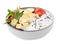 Delicious poke bowl with vegetables, tofu and mesclun isolated on white