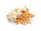 Delicious popcorn and kernels on white background