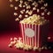 Delicious popcorn scattering from a red striped carton box on a dark red background with copy space