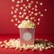 Delicious popcorn scattering from a red striped carton box on red background with copy space