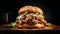 Delicious Pulled Pork Burger With Condiments On A Black Background