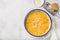 Delicious pumpkin risotto, white background