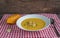 Delicious pumpkin soup with croutons