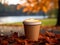 Delicious pumpkin spice latte cappuccino in a to go paper cup standing on a bench in autumn park