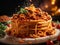 Delicious Ragu alla Bolognese, Italian flavorful savory meat sauce topping pasta polenta