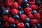 Delicious raspberries and blueberries, ideal fruits for a healthy and balanced diet. Generative AI