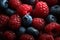 Delicious raspberries and blueberries, ideal fruits for a healthy and balanced diet. Generative AI