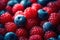 Delicious raspberries and blueberries, ideal fruits for a healthy and balanced diet. Generative AI