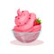 Delicious raspberry ice-cream in small glass bowl. Tasty frozen dessert. Sweet food. Flat vector element for cafe menu