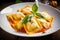 Delicious Ravioli dish served in a white plate with steam rising above, garnished with fresh basil leaves