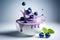 A delicious realistic cream dessert with blueberry berries on a light background with a copy.