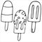 Delicious refreshing ice cream popsicle and popsicles with sprinkles and syrup, vector doodle element, coloring book