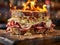 Delicious Reuben sandwich photography, explosion flavors, studio lighting, studio background, well-lit, vibrant colors