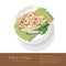 Delicious rice noodles with shrimp and vegetables on a plate. to