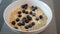 Delicious ripe blueberries fall into bowl with tasty cereal