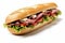 A delicious roast beef sandwich with swiss cheese, lettuce and tomato on a french bread baguette