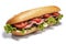 A delicious roast beef sandwich with swiss cheese, lettuce and tomato on a french bread baguette