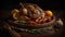 Delicious Roast Chicken On Wooden Plate With Decoration And Dark Background - Generative AI
