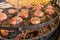 Delicious roasted or barbecued marinated steaks and mushrooms on