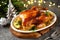 Delicious Roasted Chicken with Apple Slices. Christmas background.