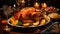 Delicious roasted holiday turkey baked in the oven with oranges or grilled chicken