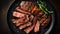 Delicious Rosemary Steak On A Stylish Black Platter