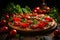 Delicious rustic pizza with stretchy cheese, tomatoes, and basil on wooden background