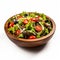 Delicious salad sitting in wooden bowl against neutral white background