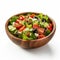 Delicious salad sitting in wooden bowl against neutral white background