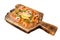 Delicious Salmon carpaccio slices with onion and arugula on a wooden board. Isolated, white background.