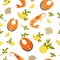 Delicious salmon, king shrimp and exotic oysters in seamless pattern