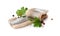 Delicious salted herring fillets with parsley and peppercorns on white background