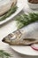 Delicious salted herrings, dill and onion on white wooden table, closeup