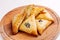 Delicious samosa pies with meat on plate. Menu, restaurant, recipe