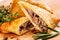 Delicious samosa pies with meat on plate. Menu, restaurant, recipe