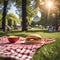 A delicious sandwich on a checkered picnic tablecloth in a beautiful park