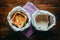 Delicious sandwich in golden brown crust, purple napkin on wooden table