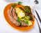 Delicious sausages and boiled potatoes with stewed peppers